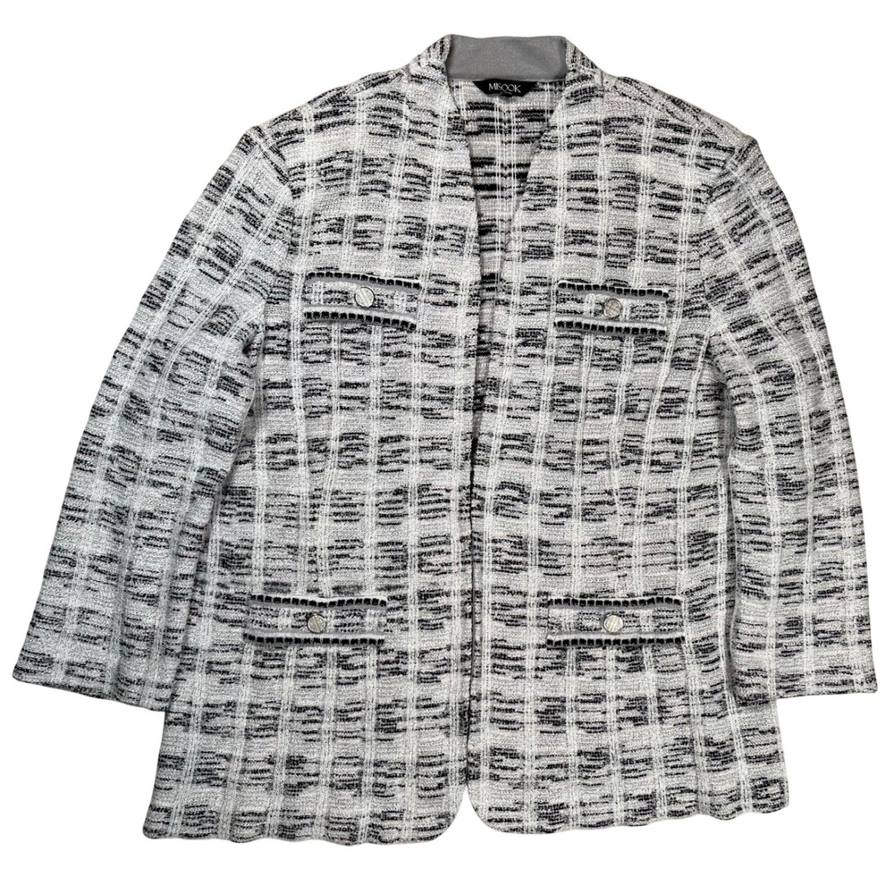 Misook Women's Knit Open Front Jacket Sz‎ L Plaid Black Gray White Office Career